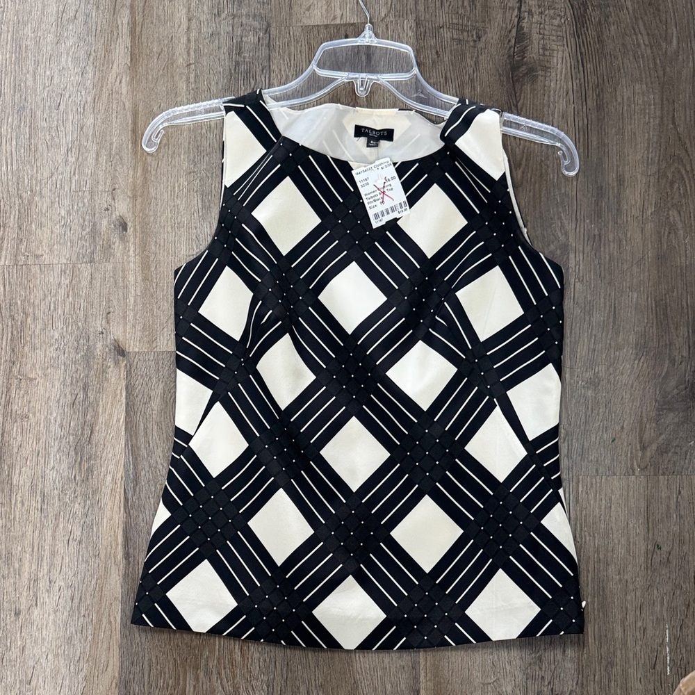 Talbots Black and Cream Checkered Blouse